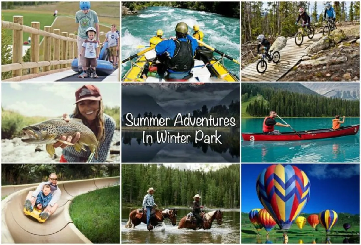 A dynamic outdoor scene showcases children tubing down snowy hills, friends white-water rafting, mountain biking, horseback riding, and even hot air ballooning—all set against a picturesque mountain backdrop. The activities are varied, and the overall atmosphere is one of excitement and exploration.