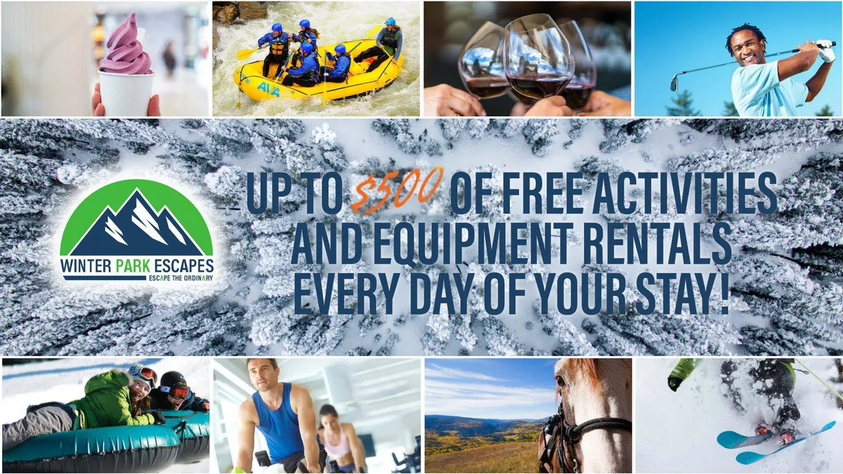 This vibrant image captures people engaging in a variety of outdoor activities across seasons, including thrilling white water rafting, snowmobiling on snow-covered landscapes, and peaceful horseback riding. There are also scenes of culinary workshops and wine tastings, suggesting a diverse range of experiences available to guests.