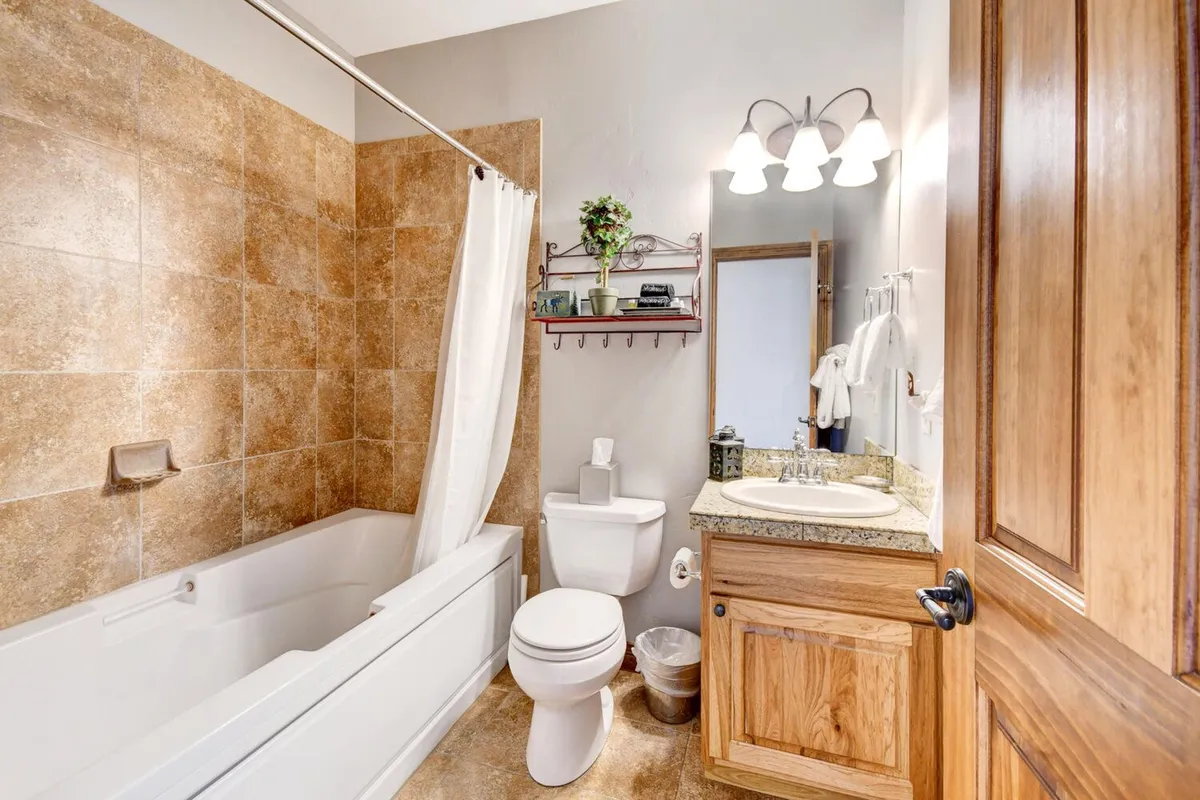 A soothing bathroom scene featuring a deep bathtub, contemporary sink and mirror, and a shelf adorned with greenery. The space exudes spa-like calm, ideal for unwinding after a day in the mountains.